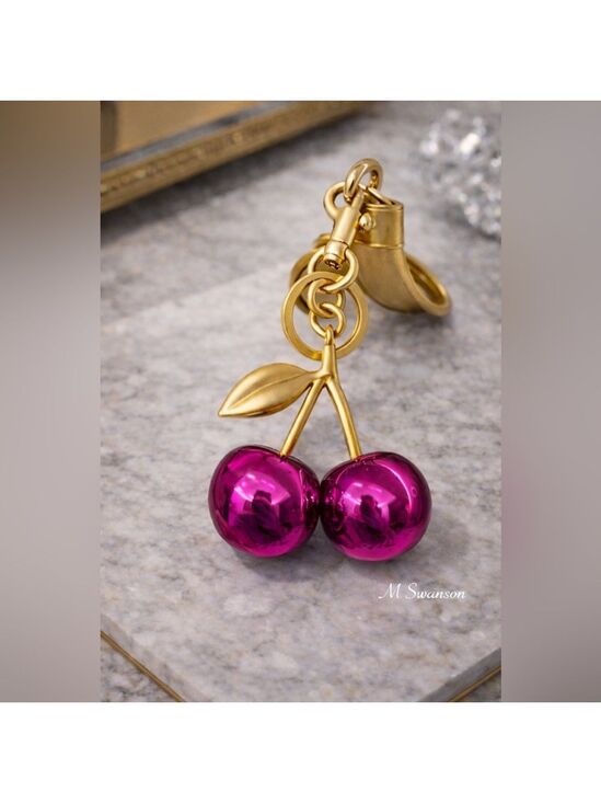 Accessories - Fuchsia Pink Metallic Cherry Bag Charm Keychain Gold Tone Hardware NWT